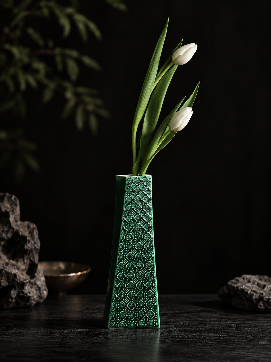 Begonia Green Porcelain Vase with Floral Relief