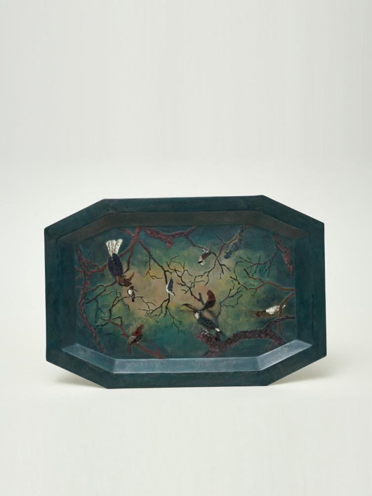 "Returning Birds" — Artist Hand-Painted Lacquer Rectangular Tray