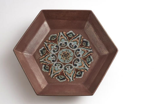 "Dunhuang Mural: Lotus Caisson" — Hand-Painted Hexagonal Lacquer Plate