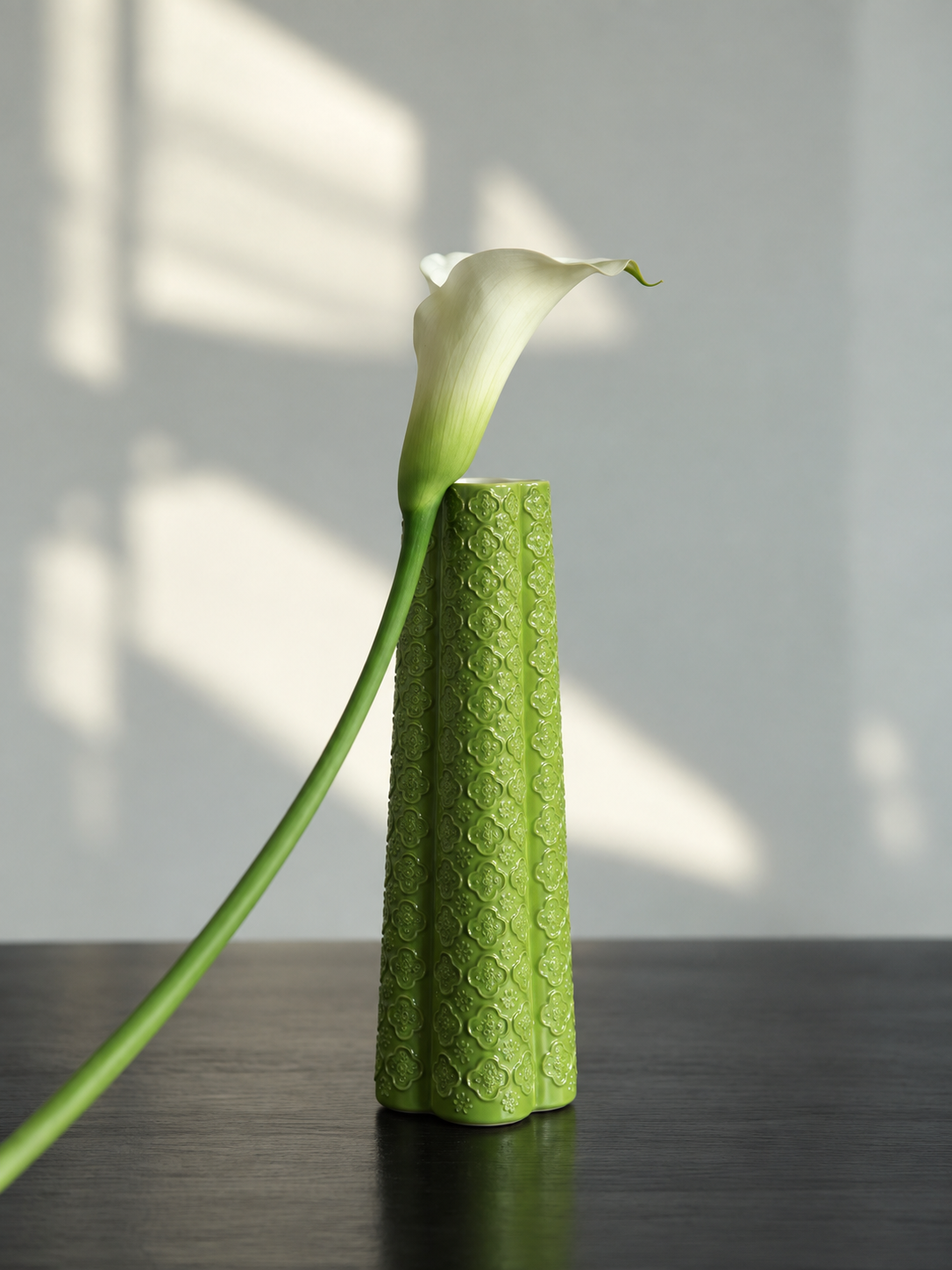 Quiet Joy Green Ceramic Vase with Floral Relief