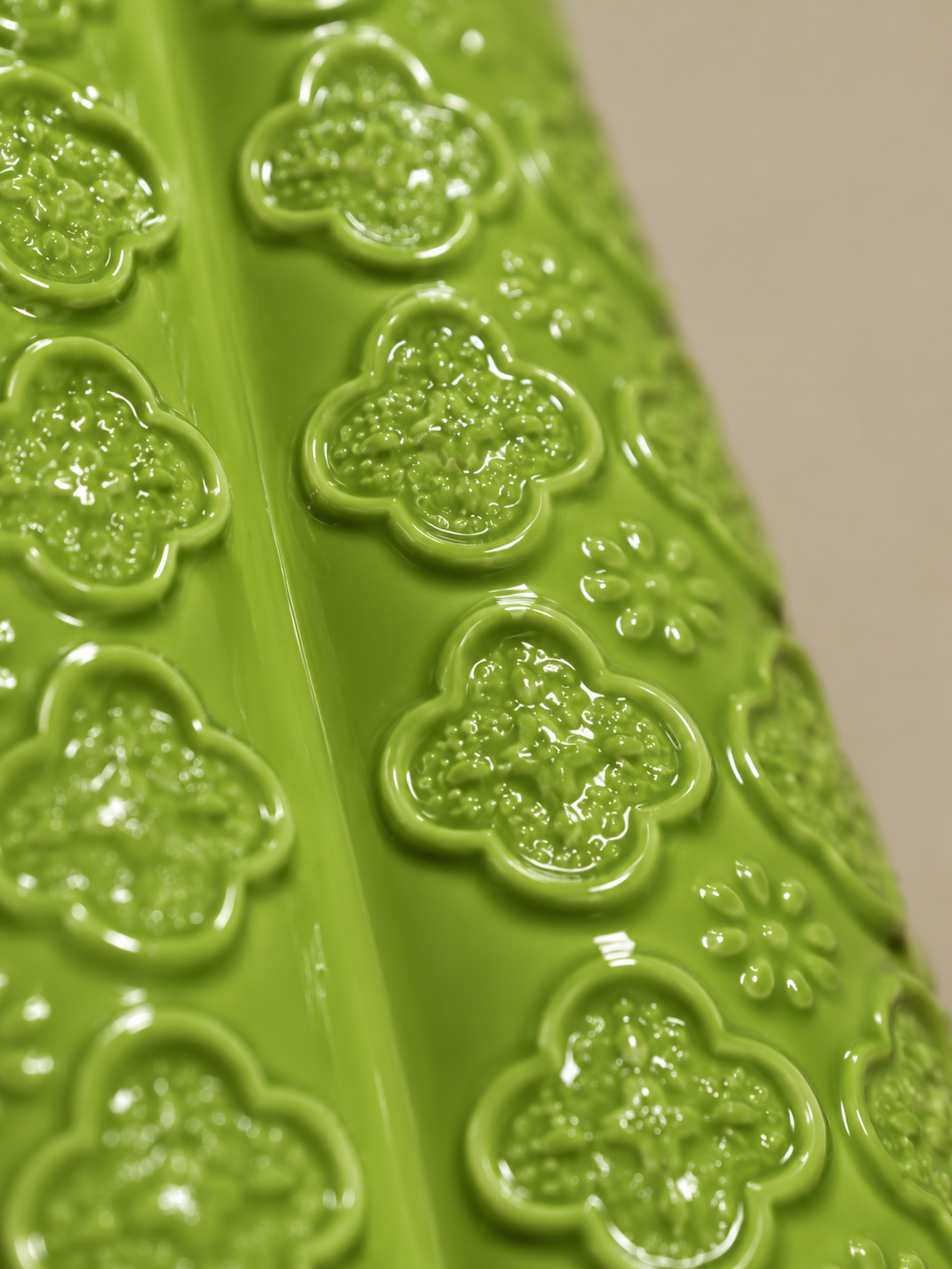 Quiet Joy Green Ceramic Vase with Floral Relief