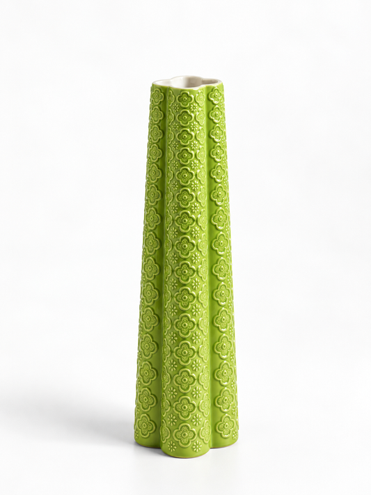 Quiet Joy Green Ceramic Vase with Floral Relief