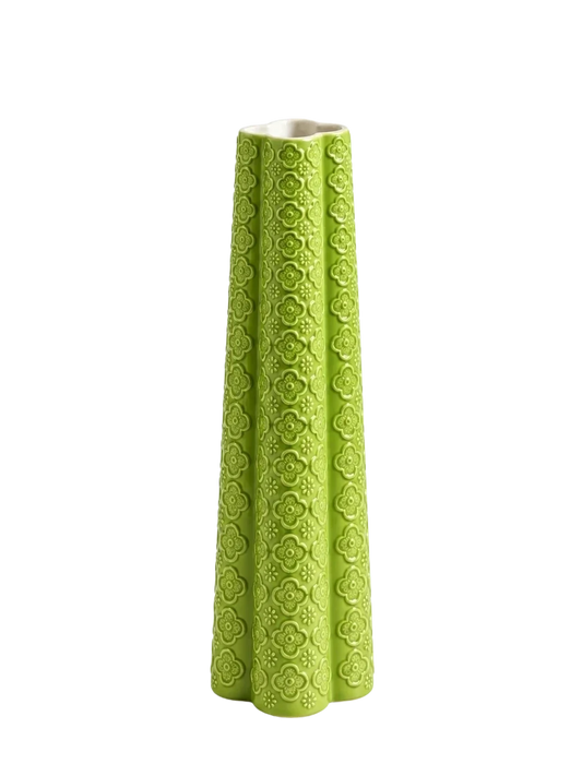 Quiet Joy Green Ceramic Vase with Floral Relief