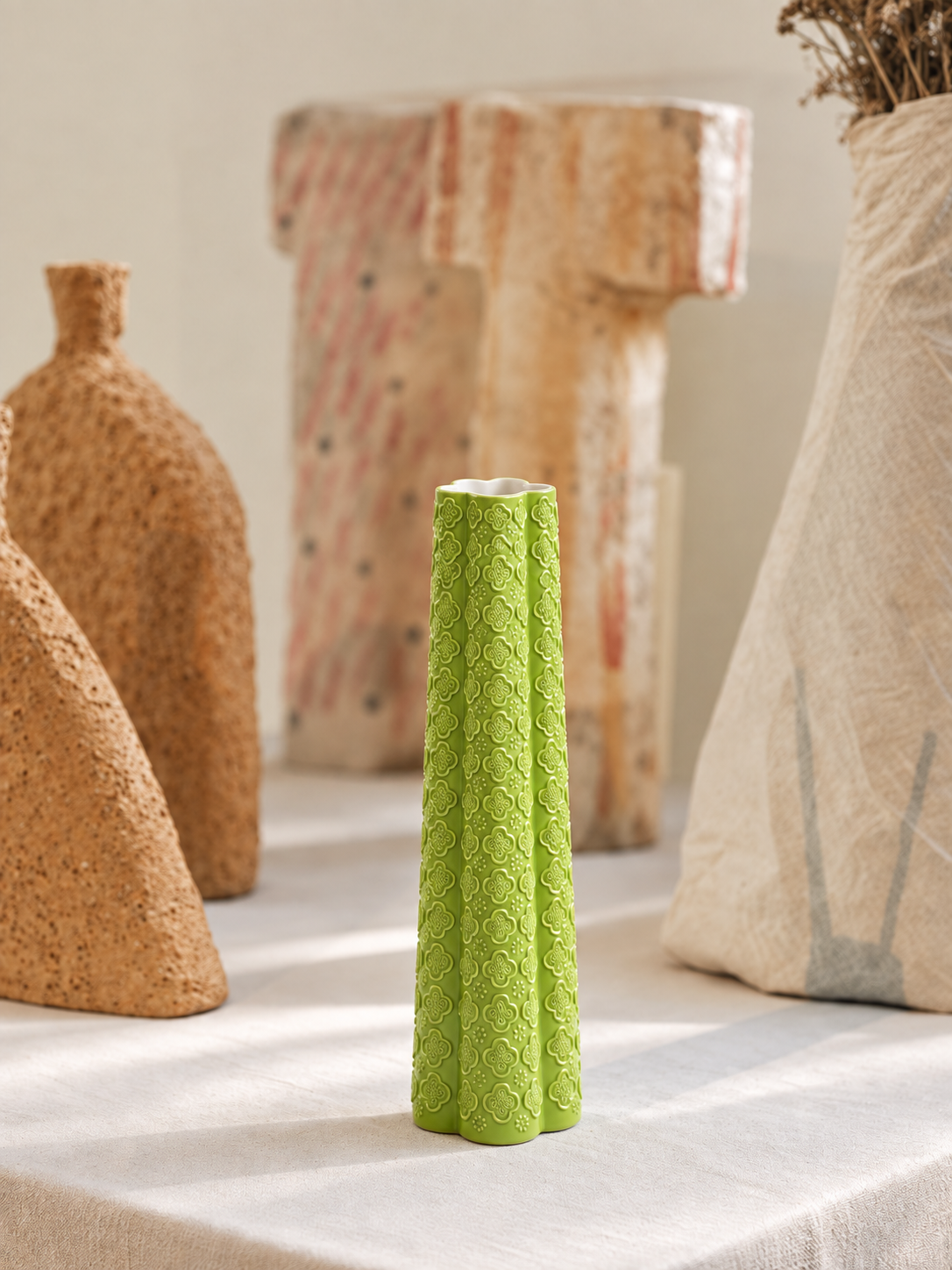 Quiet Joy Green Ceramic Vase with Floral Relief