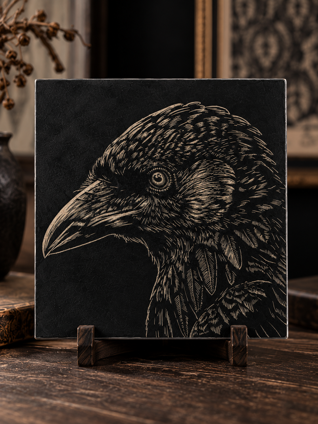 Raven Hand-Painted Ceramic Art Tile