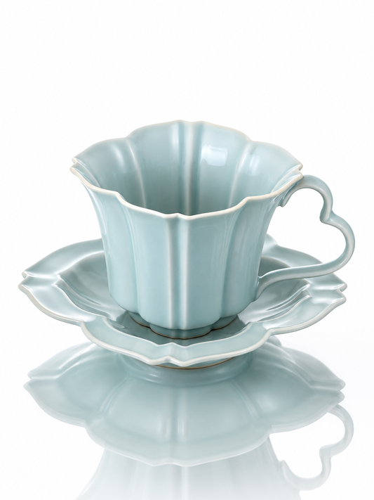 Dingxiang Ceramic Coffee Cup & Saucer — Celadon Blue & Purple