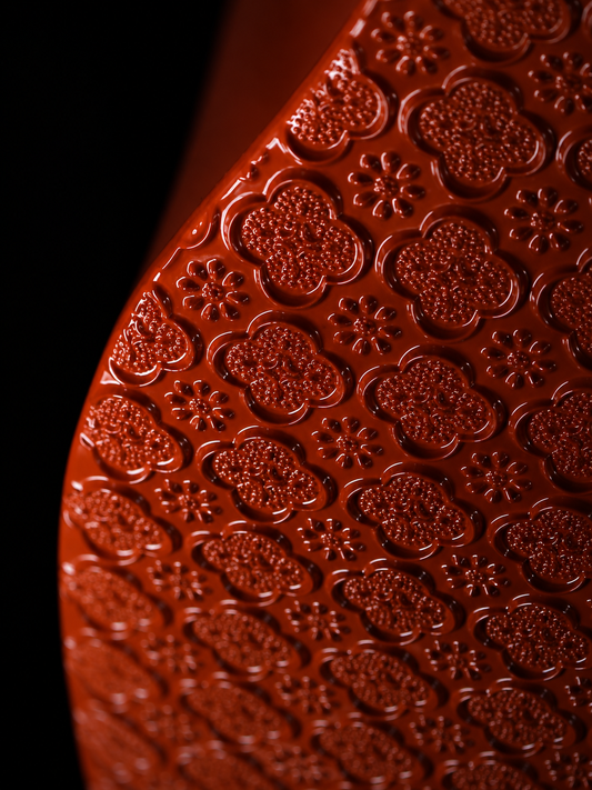 Red Porcelain Vase with Floral Relief & Gold Rim
