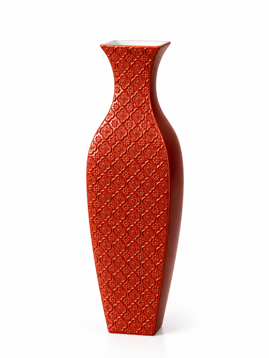 Red Porcelain Vase with Floral Relief & Gold Rim