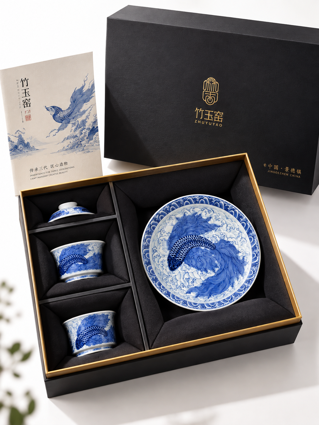 Kunpeng Blue & White Porcelain Tea Set — Hand-Painted Gaiwan, Tea Tray & Cup