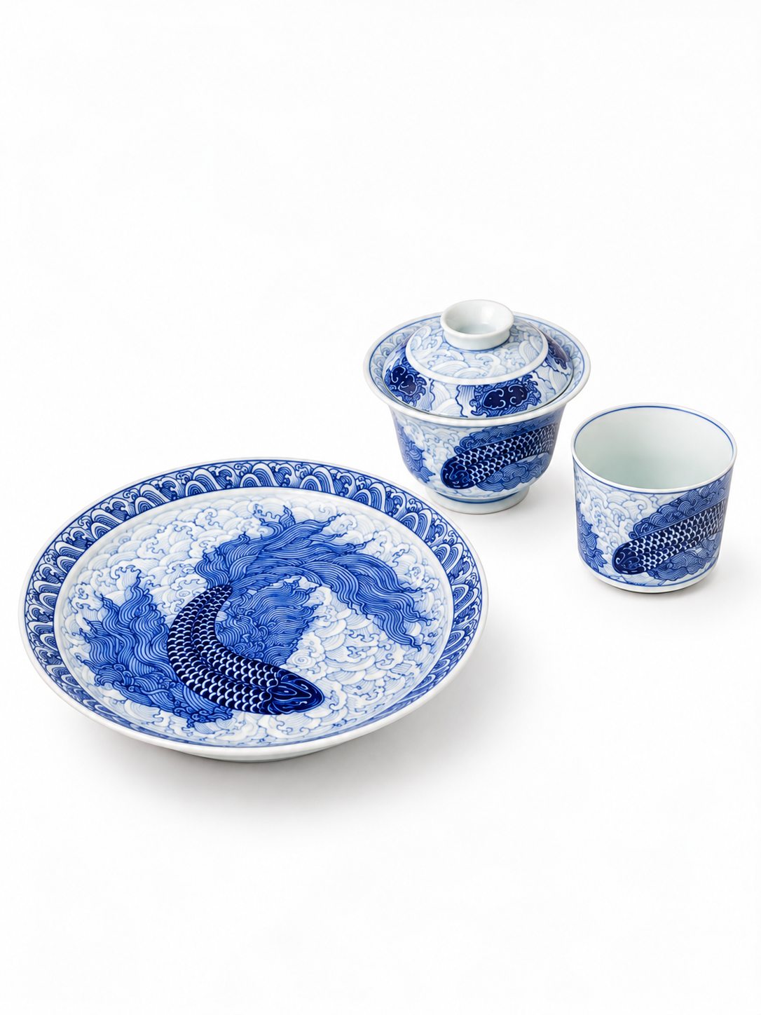 Kunpeng Blue & White Porcelain Tea Set — Hand-Painted Gaiwan, Tea Tray & Cup