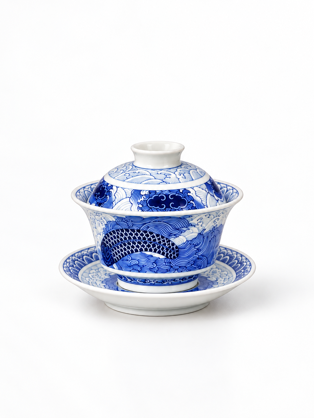 Kunpeng Blue & White Porcelain Tea Set — Hand-Painted Gaiwan, Tea Tray & Cup