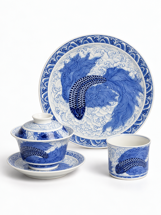 Kunpeng Blue & White Porcelain Tea Set — Hand-Painted Gaiwan, Tea Tray & Cup