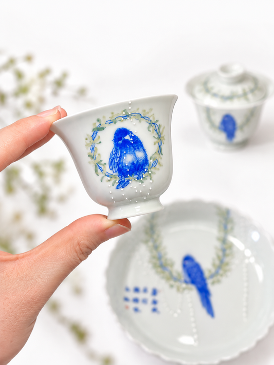 Hand-Painted Blue Parrot Porcelain Tea Set — Jingdezhen