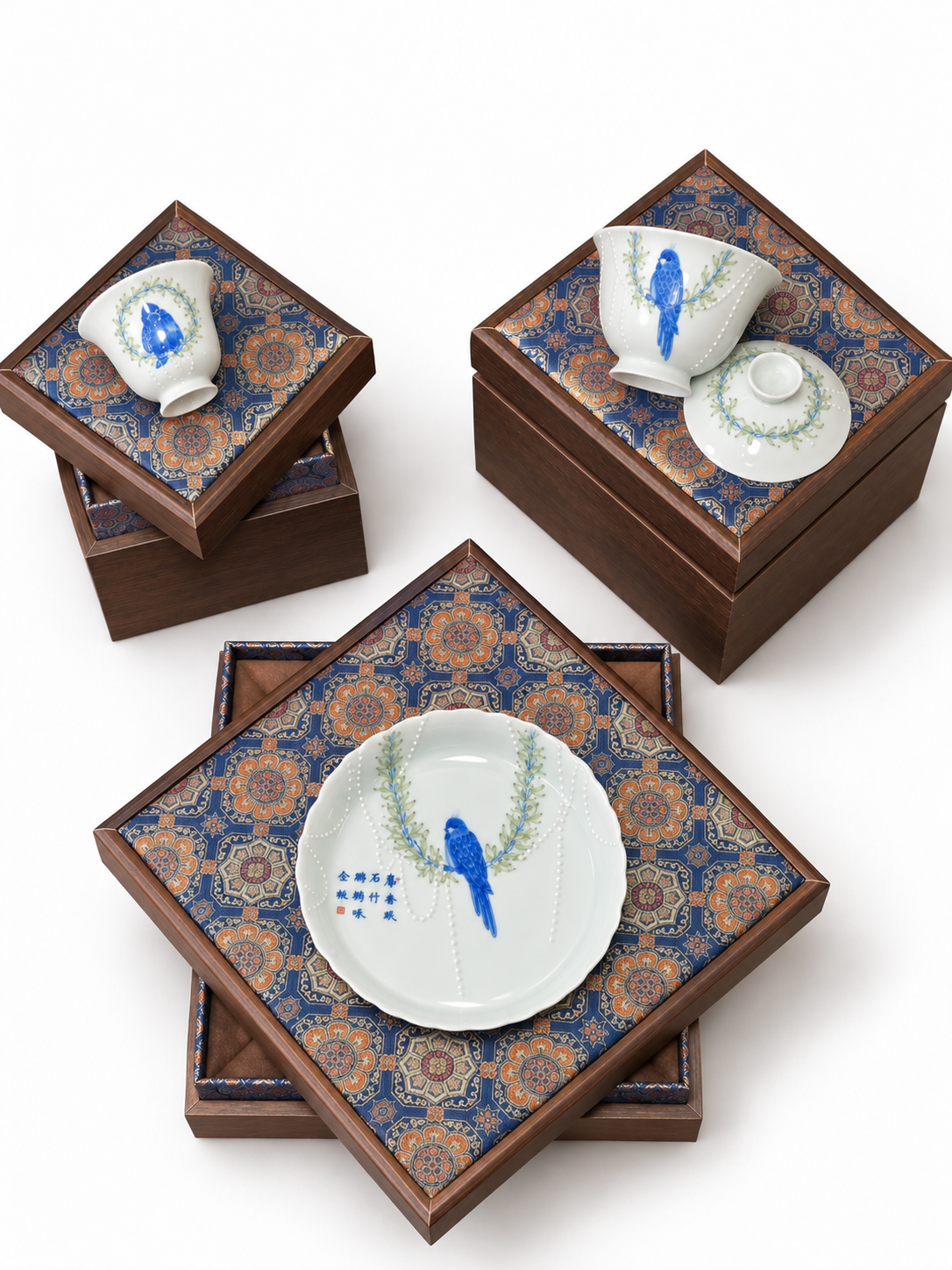 Hand-Painted Blue Parrot Porcelain Tea Set — Jingdezhen