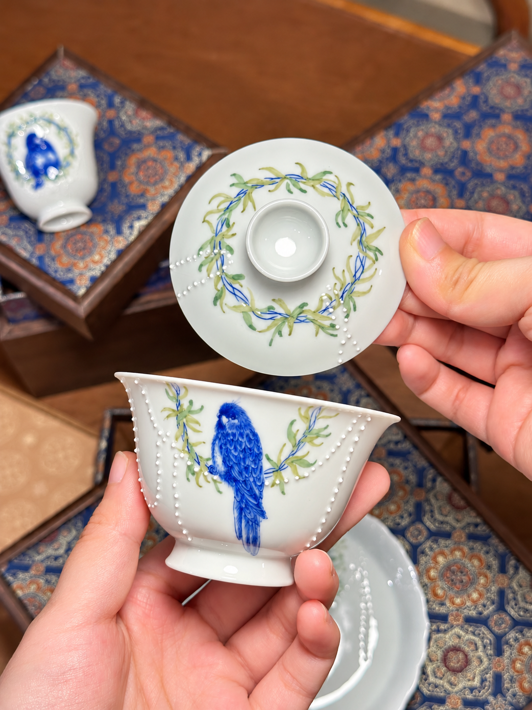 Hand-Painted Blue Parrot Porcelain Tea Set — Jingdezhen