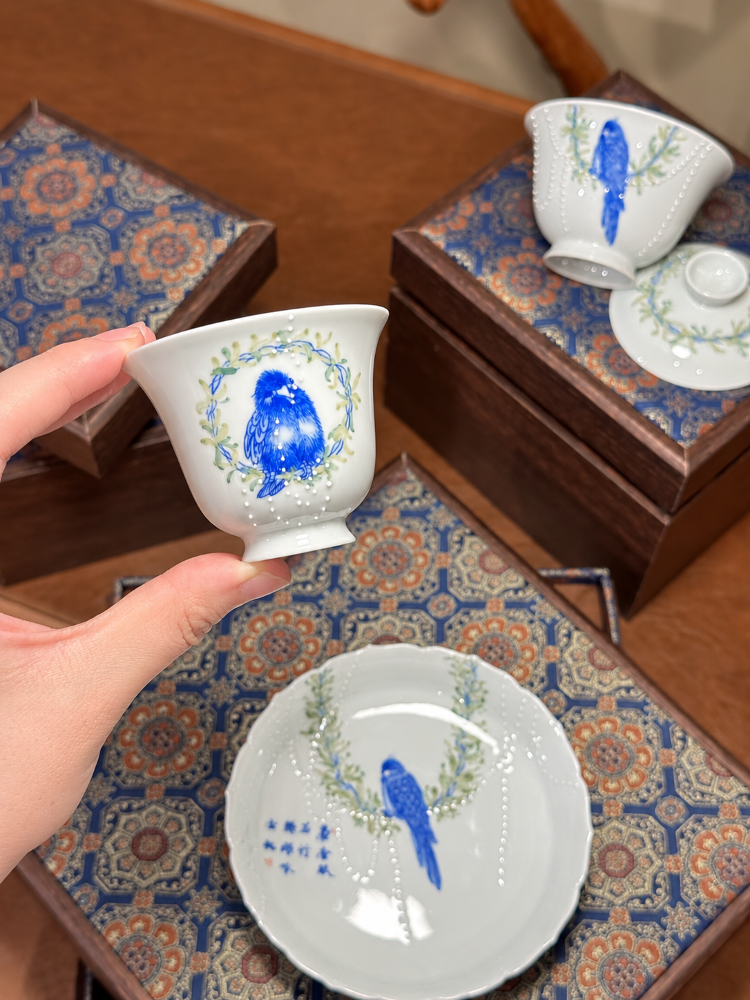 Hand-Painted Blue Parrot Porcelain Tea Set — Jingdezhen