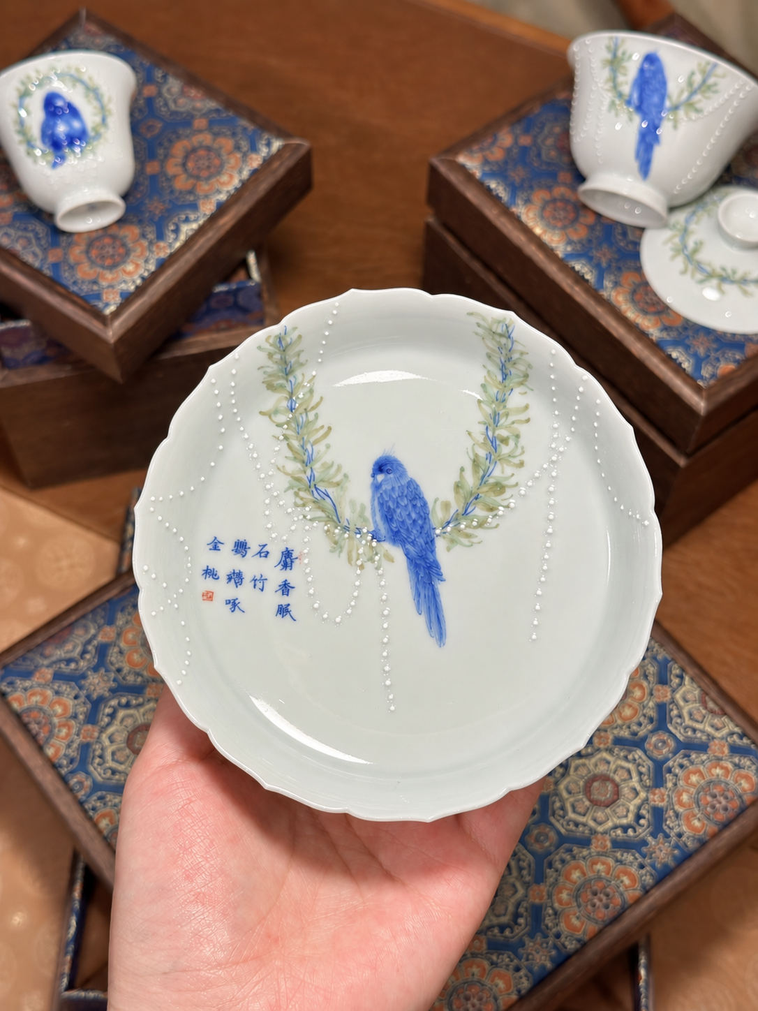 Hand-Painted Blue Parrot Porcelain Tea Set — Jingdezhen