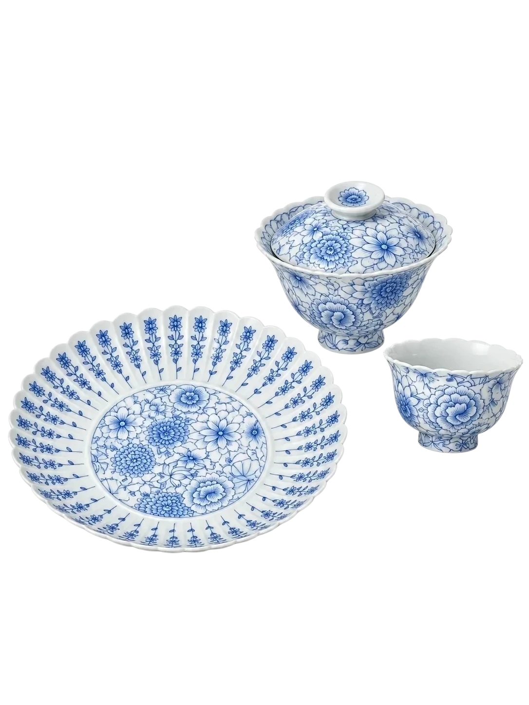 Hundred Flowers Blue & White Porcelain Tea Set — Hand-Painted Sunflower-Petal Gaiwan & Plate