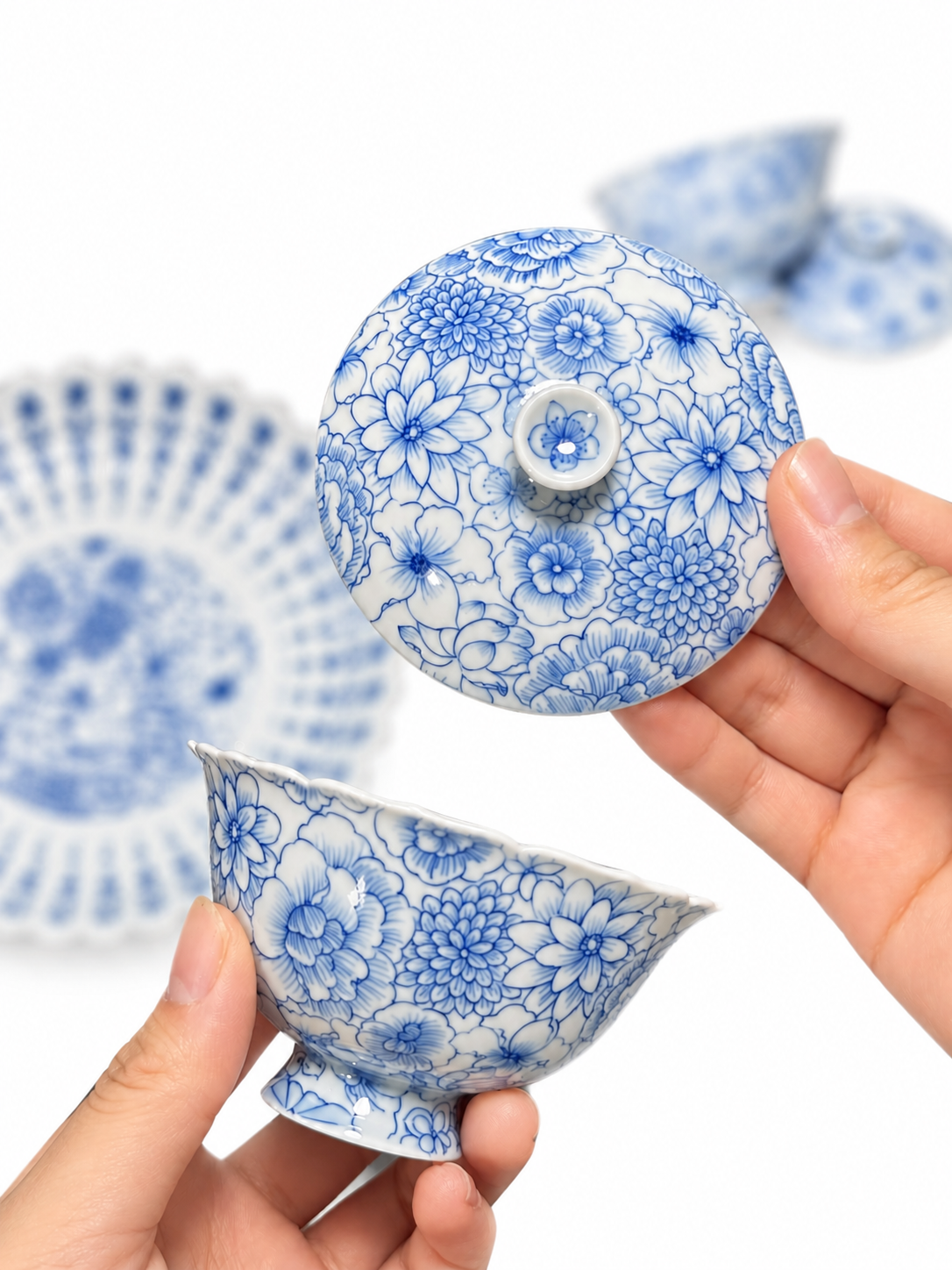 Hundred Flowers Blue & White Porcelain Tea Set — Hand-Painted Sunflower-Petal Gaiwan & Plate