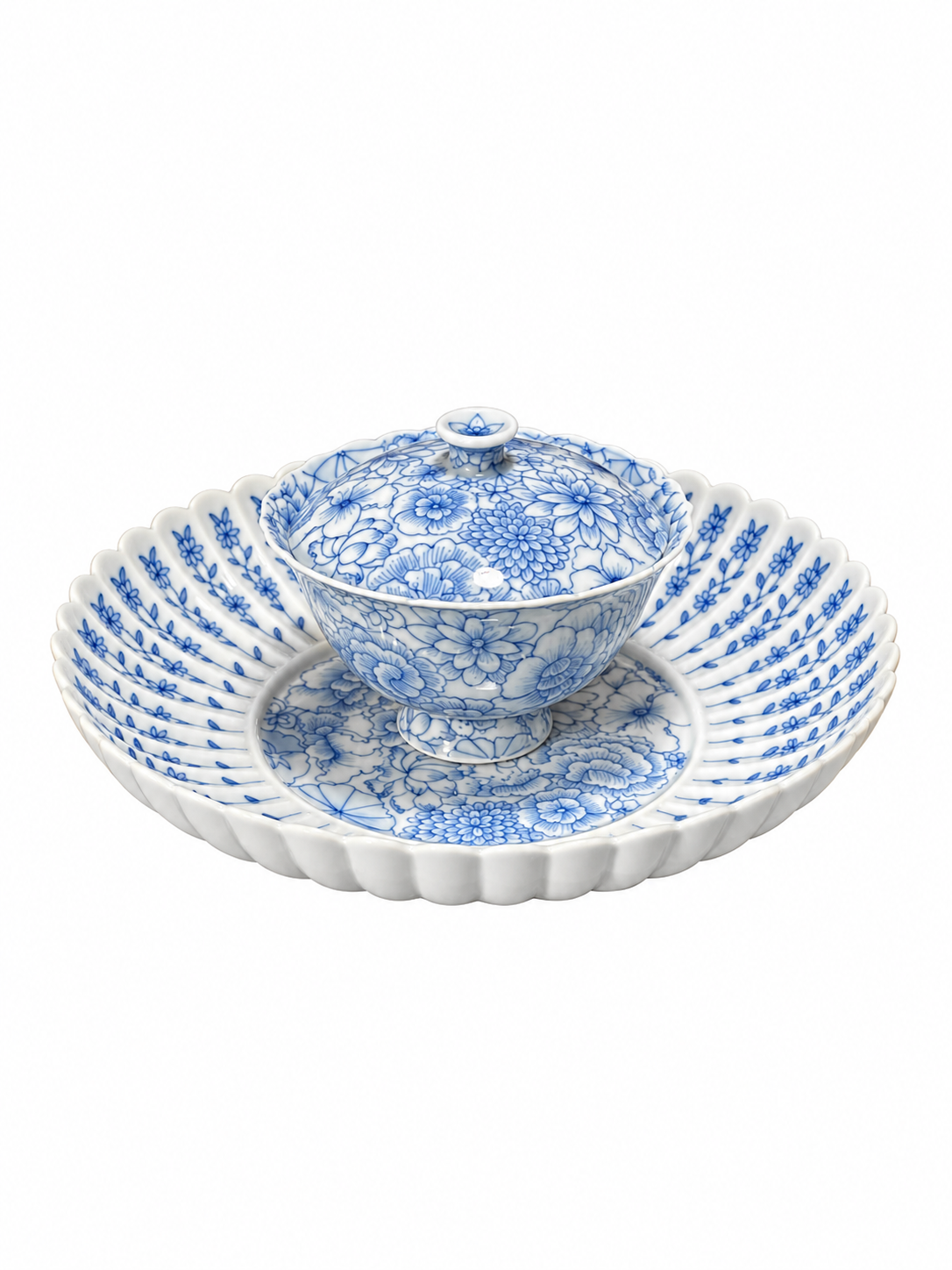 Hundred Flowers Blue & White Porcelain Tea Set — Hand-Painted Sunflower-Petal Gaiwan & Plate
