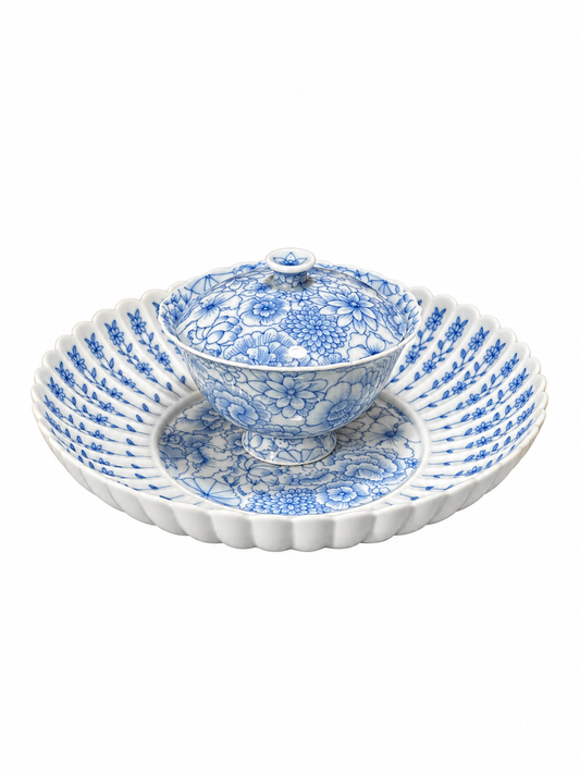 Hundred Flowers Blue & White Porcelain Tea Set — Hand-Painted Sunflower-Petal Gaiwan & Plate