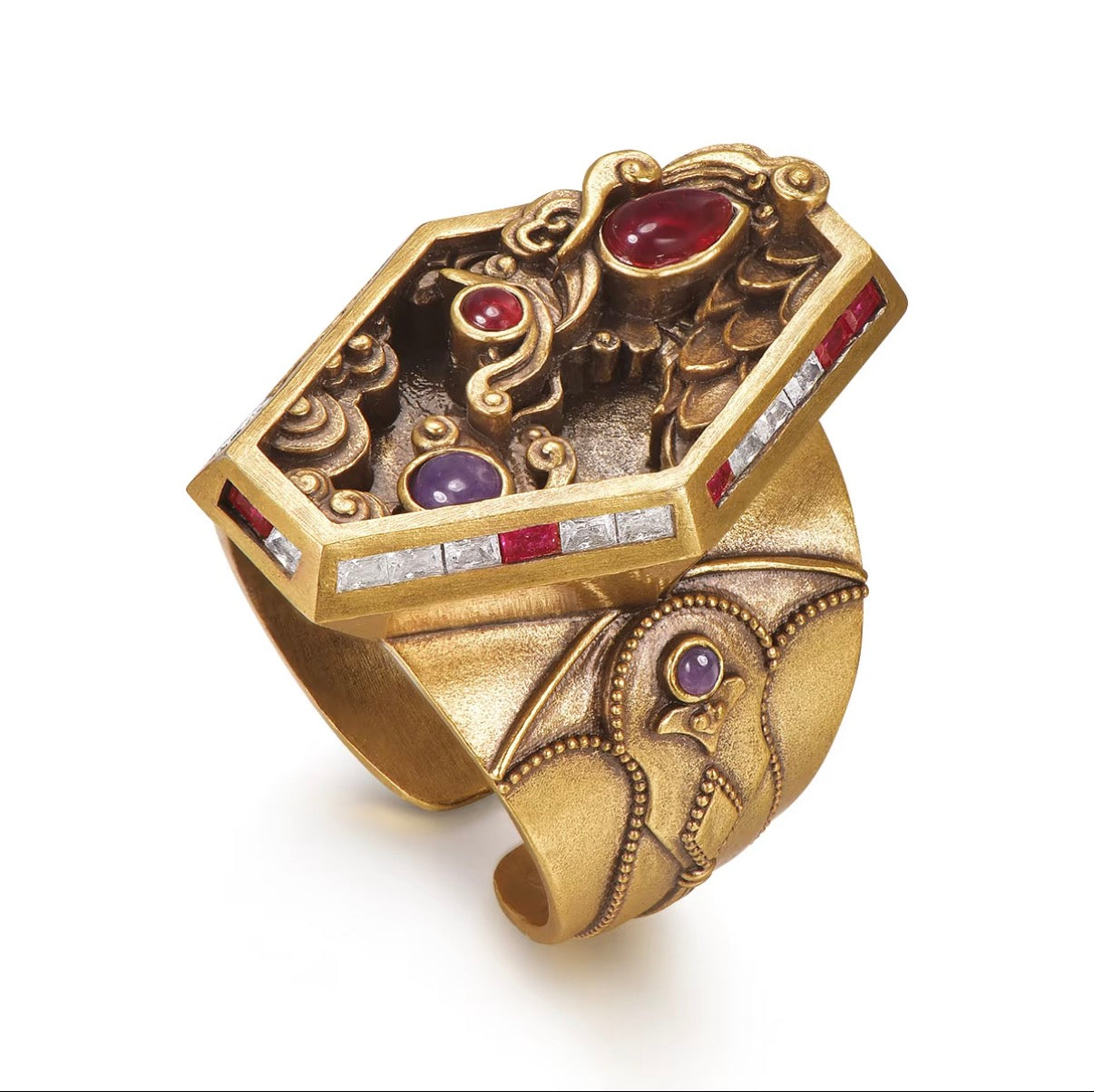 Ruyi Openwork Relief Gem Open Ring