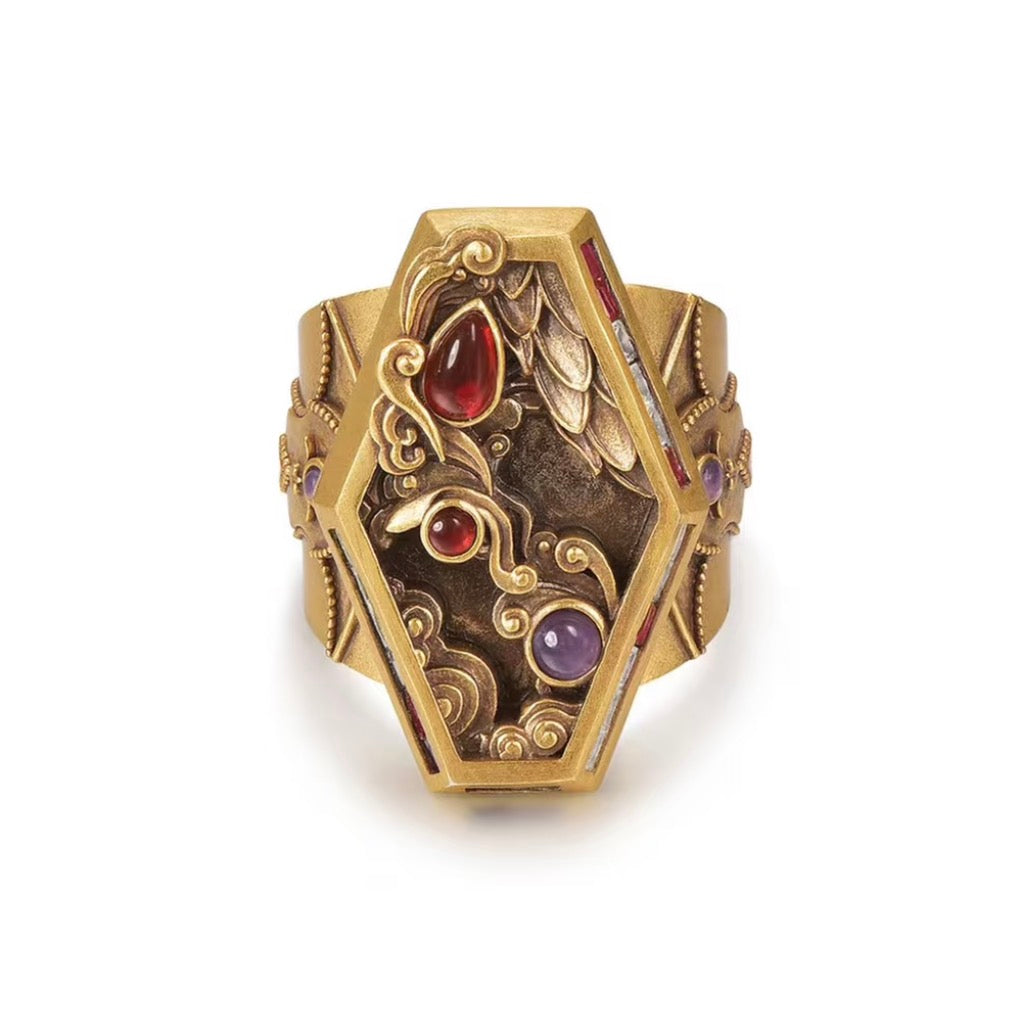 Ruyi Openwork Relief Gem Open Ring