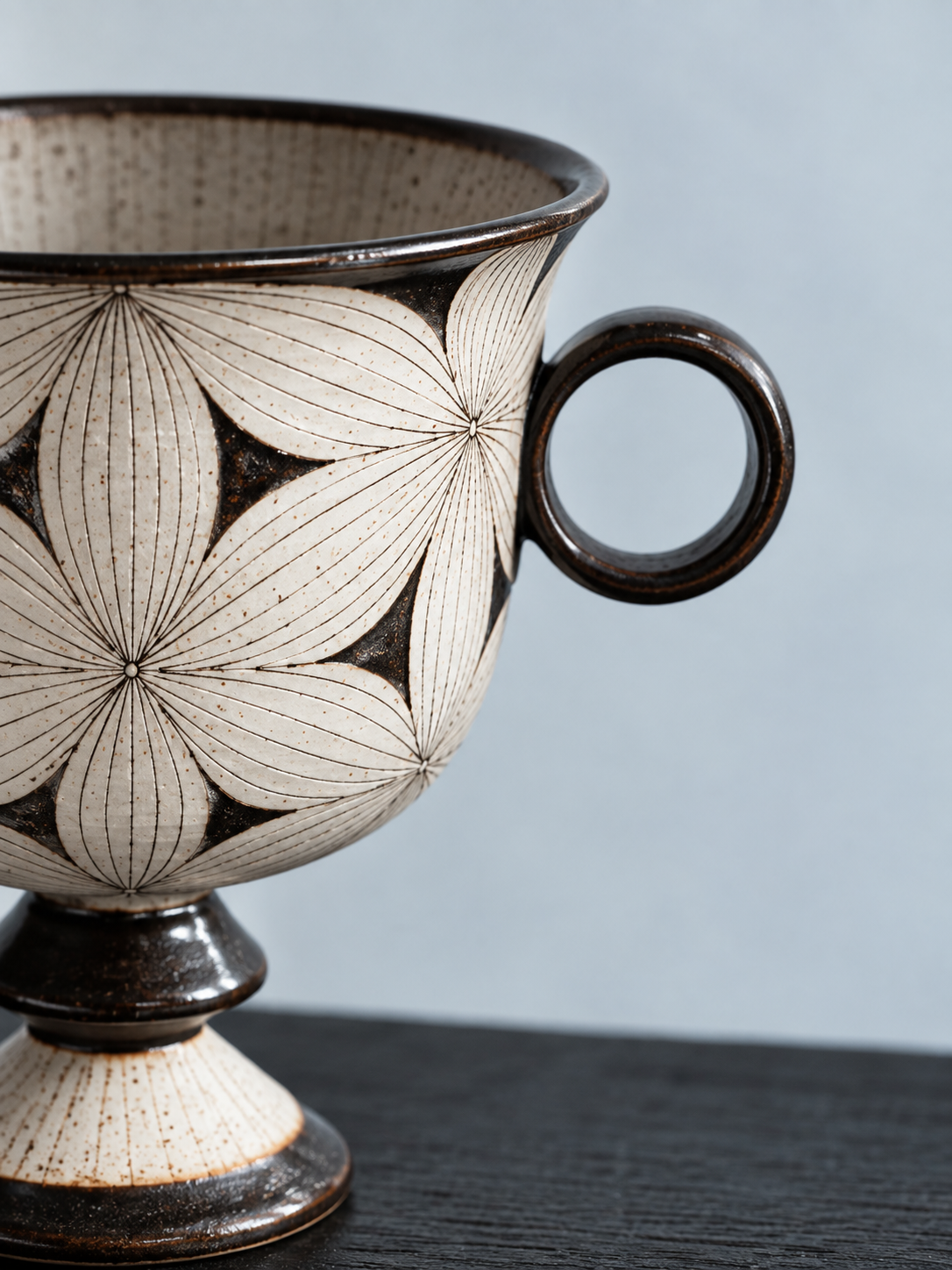 All-Over Floral goblet mug — rim and circular handle detail